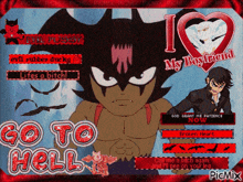 a picture of a cartoon character with the words go to hell on it