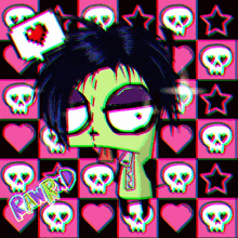 a cartoon character with skulls and hearts on a checkered background says rawr