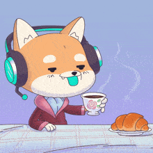 a dog wearing headphones holds a cup of coffee