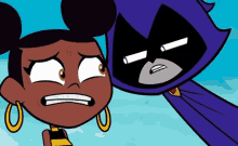 a cartoon of raven and a girl with a surprised look on their face