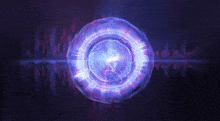 a purple and blue plasma ball with a light coming out of it on a dark background .