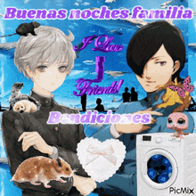a picture of two anime characters with the words buenas noches familia written on it