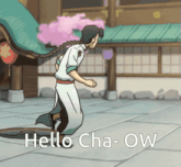 a cartoon of a man kneeling down with the words hello cha-ow above him