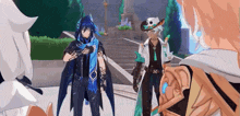 a group of anime characters are standing next to each other in front of a building .