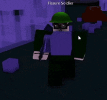 a soldier in a video game is holding a sword and wearing a green hat .
