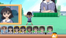 a cartoon of a girl standing in front of a row of cards with numbers 1 through 8 on them