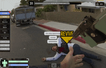 a video game screen shows a man laying on the ground with a revive sign