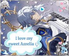 a picture of a boy playing a piano with the words " i love my sweet amelia "