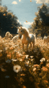 a unicorn with a horn standing in a field of flowers