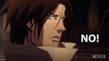 a cartoon character says " no " in white letters on a dark background