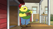 a cartoon character is standing on a porch with a box