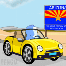 a cartoon of a penguin driving a car in front of a sign that says arizona