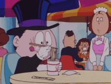 a cartoon character with a top hat is eating noodles with chopsticks