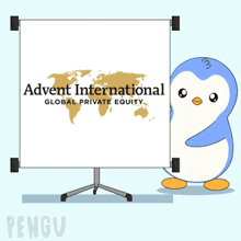 a penguin stands in front of a presentation board for advent international global private equity