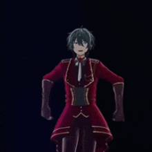 a boy with green hair is wearing a red jacket and gloves .