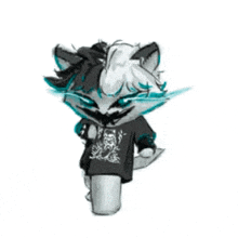 a drawing of a cat wearing a black shirt with a blue lightning bolt coming out of it 's head .