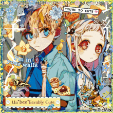 a boy and a girl are standing next to each other with a speech bubble that says you 're so cute .