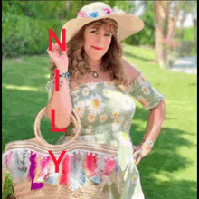a woman wearing a hat and holding a straw bag with the letter n and l visible