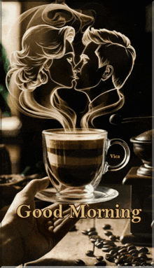 a cup of coffee with smoke coming out of it and the words " good morning " on the bottom