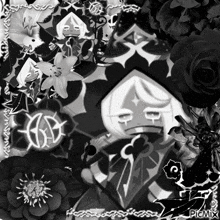 a black and white photo of a cartoon character with flowers in the background and the word picmix at the bottom