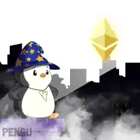 a penguin wearing a wizard hat is standing on a brick wall with the word pengu on the bottom right