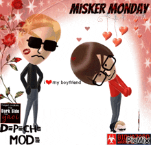 a poster for misker monday shows a man kissing another man on the cheek
