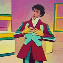 a cartoon drawing of a man in a red and blue jacket