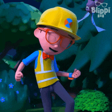 a cartoon character named blippi wearing a yellow hard hat and glasses