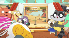 a group of cartoon characters are standing in front of a painting that says yeah