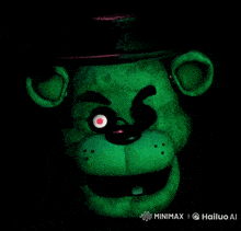 a green teddy bear with red eyes and a hat on