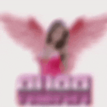 a woman in a pink dress with pink wings is standing in front of a sign that says ' i love you '