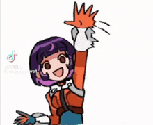 a cartoon of a girl with purple hair and a red jacket is waving her hand .