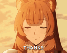 a girl with a cat ear is saying thanks with her eyes closed