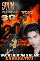 a poster with a man and a guitar that says ' soin freestyle voice ' on it