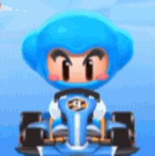 a cartoon character wearing a blue helmet is driving a blue kart .