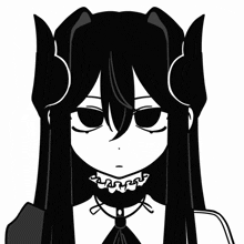 a black and white drawing of a girl with a bow tie