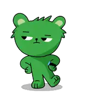 a green teddy bear is looking at a watch with the letter p on it