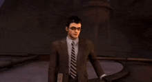 a man in a suit and tie stands in front of a building