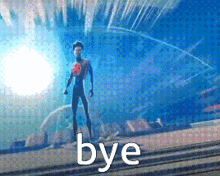 a cartoon character is standing on a train track and the word bye is visible in the background .