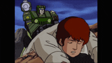 a cartoon of a man laying on a rock with a robot behind him