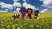 three cartoon characters are running through a field of yellow flowers