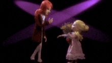 two dolls are kissing in front of a purple light