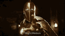 a knight with a hammer on his head and the words " alight motion " above him