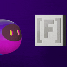 a square with the letter f on it is next to a purple ball