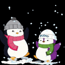 two penguins wearing scarves and hats one of which has the word pudgy on it