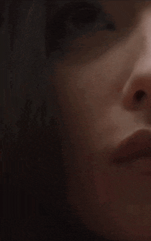 a close up of a woman 's face with a blurred background .