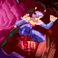 a pixel art of a person jumping in the air with a candle in the background