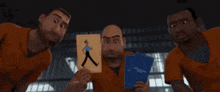 a group of cartoon characters are standing next to each other holding a book .