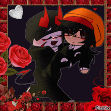 a picture of a devil and a girl is surrounded by red roses and picmix