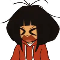 a cartoon of a girl with a red hoodie and black hair